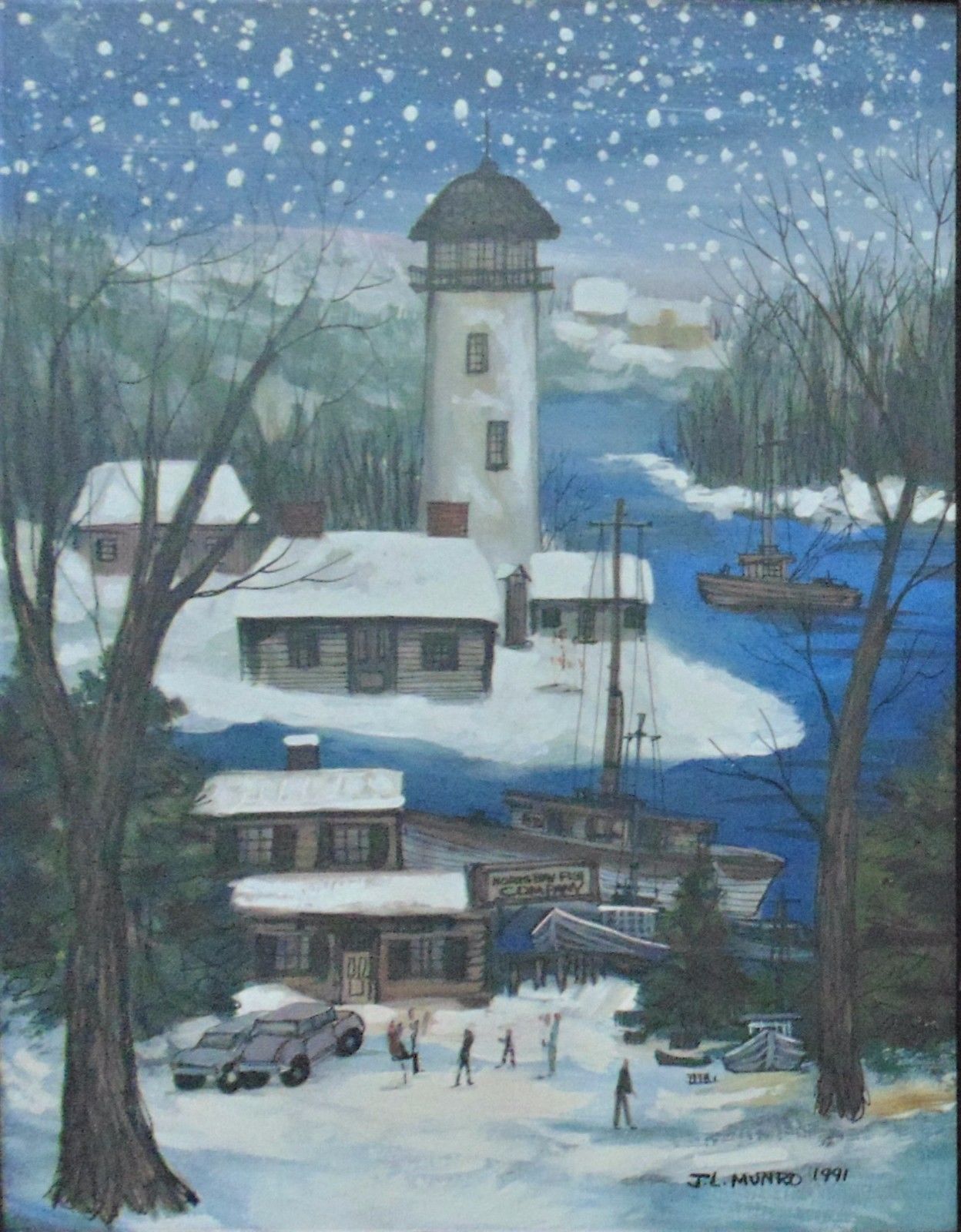 Janet Munro Folk Art Painting Gouache North Bay Lighthouse Fishing Signed