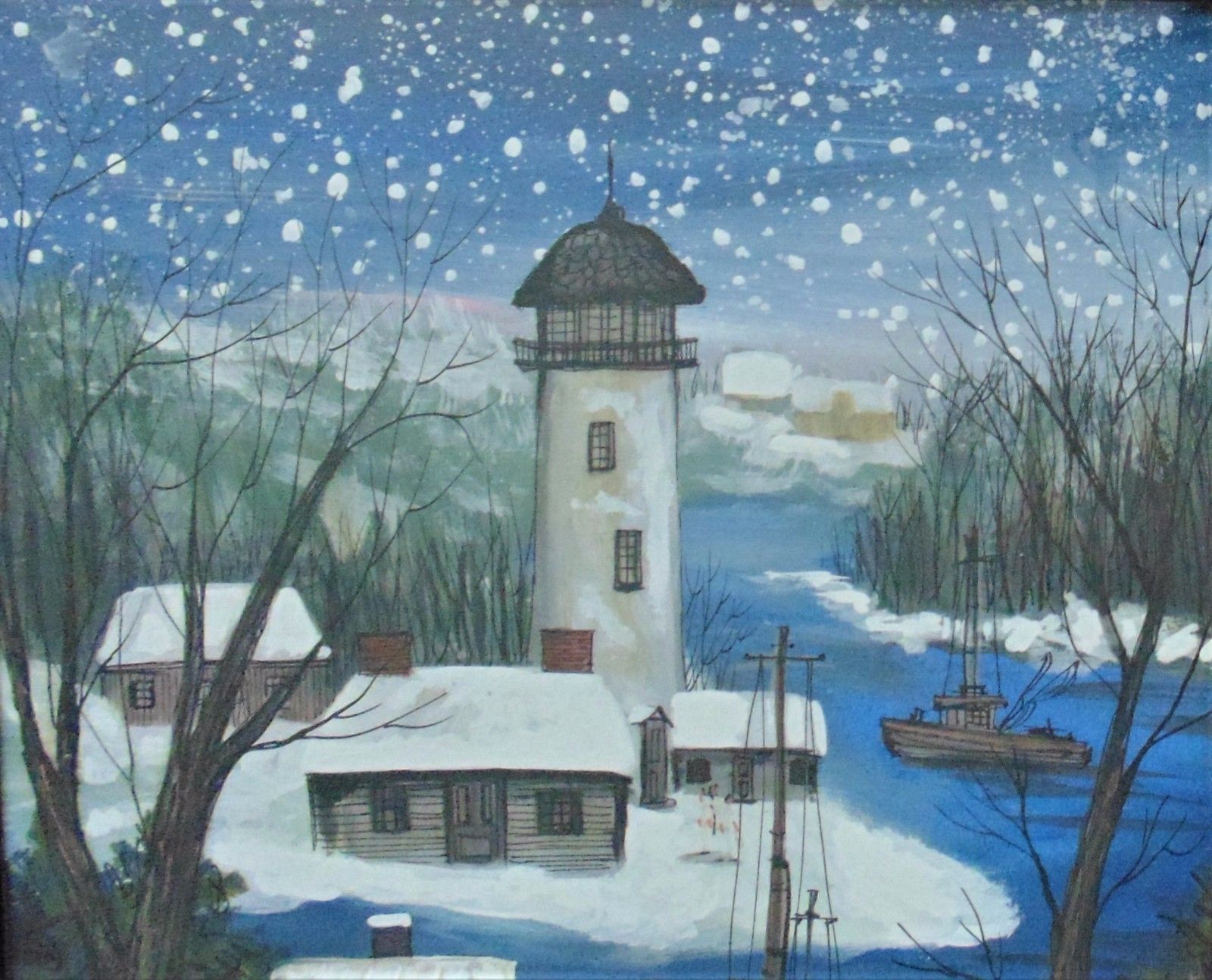 Janet Munro Folk Art Painting Gouache North Bay Lighthouse Fishing Signed