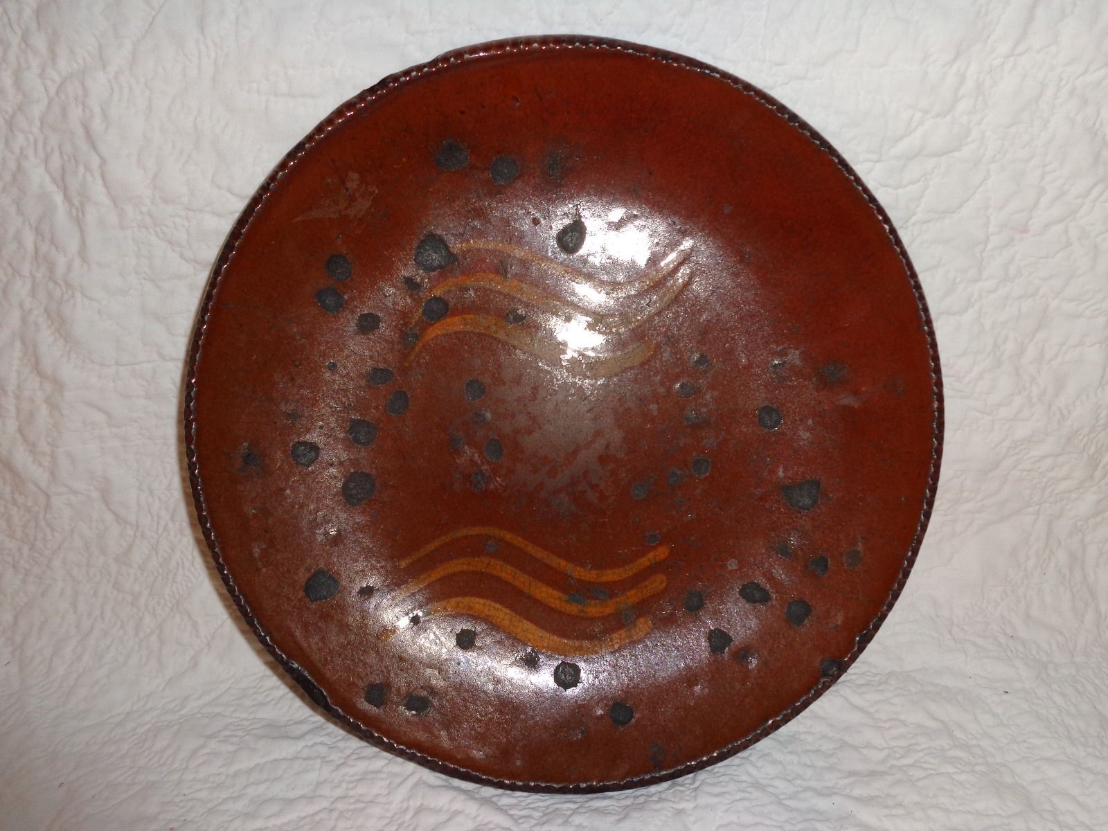 18th./19th. c Antique Lancaster Co. PA. Redware Slip dec. Pie Plate, Primitive