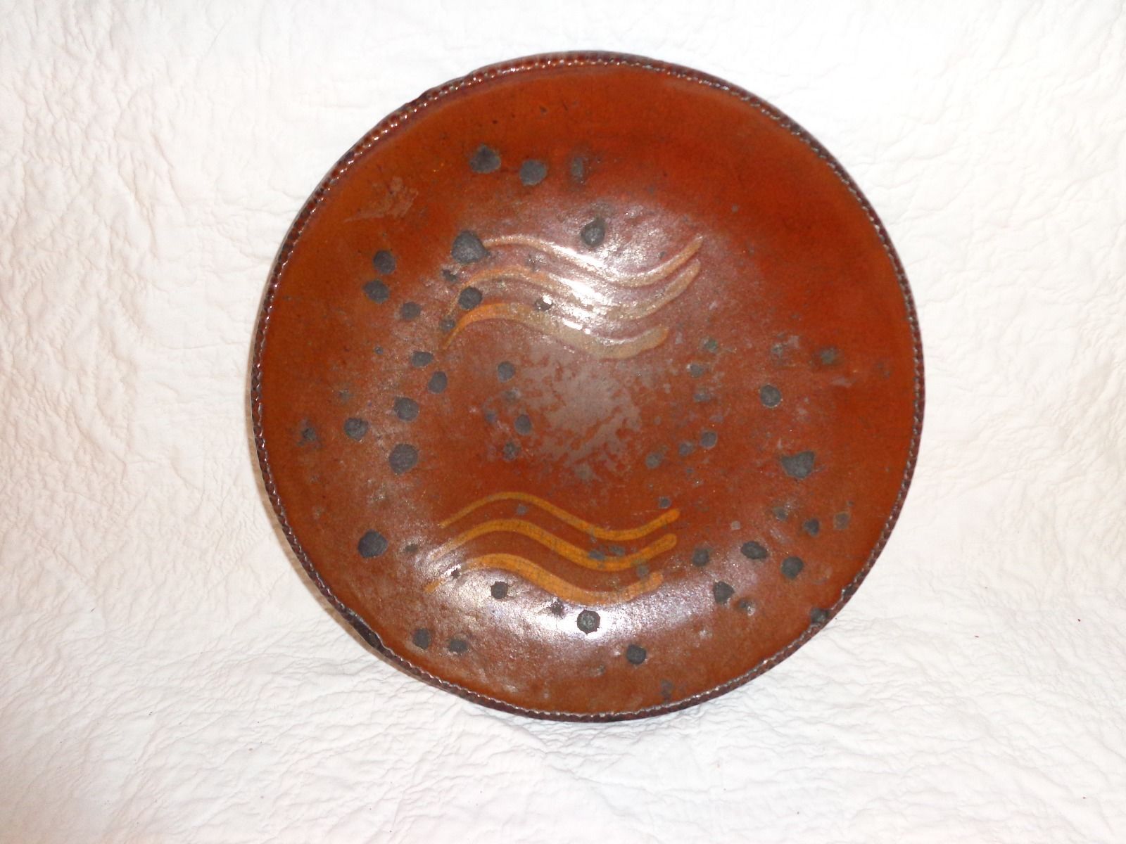 18th./19th. c Antique Lancaster Co. PA. Redware Slip dec. Pie Plate, Primitive