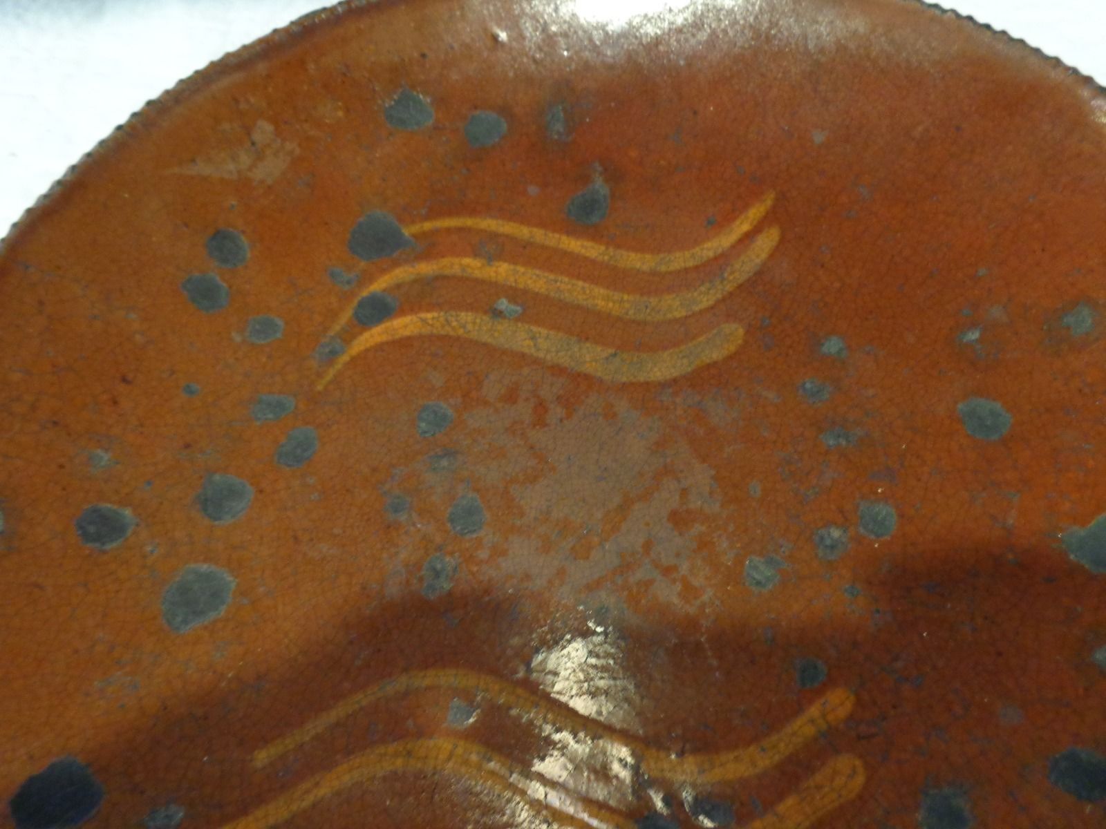 18th./19th. c Antique Lancaster Co. PA. Redware Slip dec. Pie Plate, Primitive