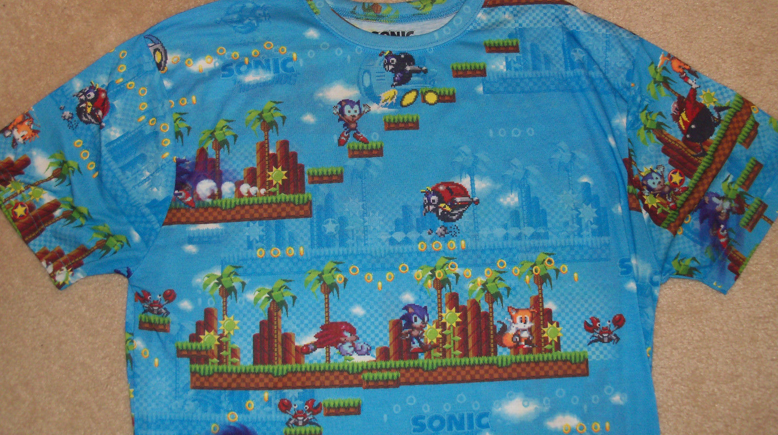 SEGA All Over Graphics SONIC THE HEDGEHOG  T-Shirt Video Game LARGE Nintendo