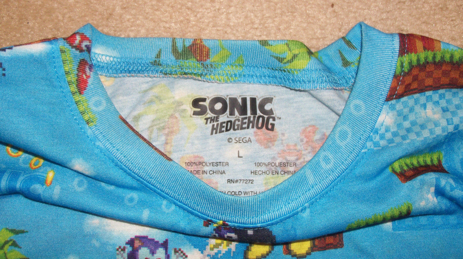 SEGA All Over Graphics SONIC THE HEDGEHOG  T-Shirt Video Game LARGE Nintendo