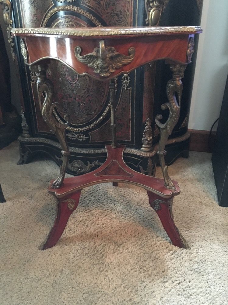 STUNNING ANTIQUE FRENCH 19thC INLAID PARLOR ACCENT TABLE BRONZE SWAN ACCENTS