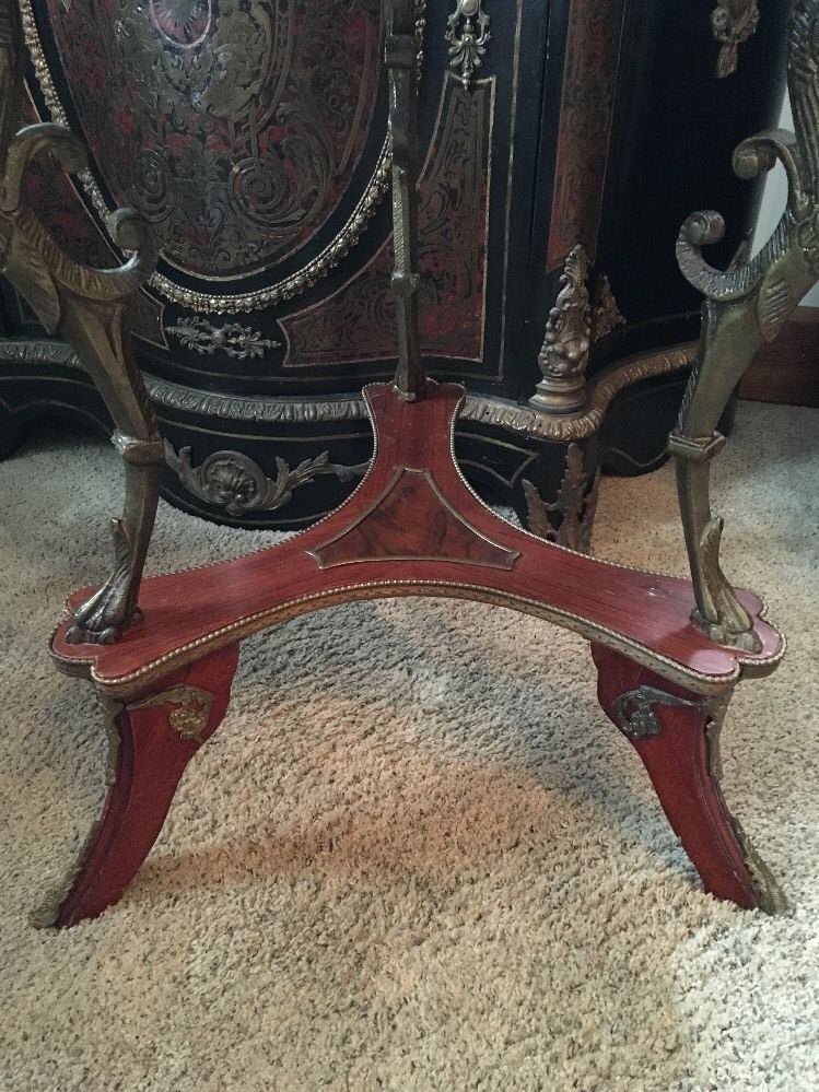 STUNNING ANTIQUE FRENCH 19thC INLAID PARLOR ACCENT TABLE BRONZE SWAN ACCENTS