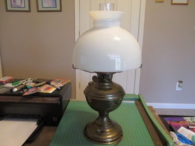 Vintage Brass Aladdin Lamp Electrified with Milk Glass Shade and Chimney