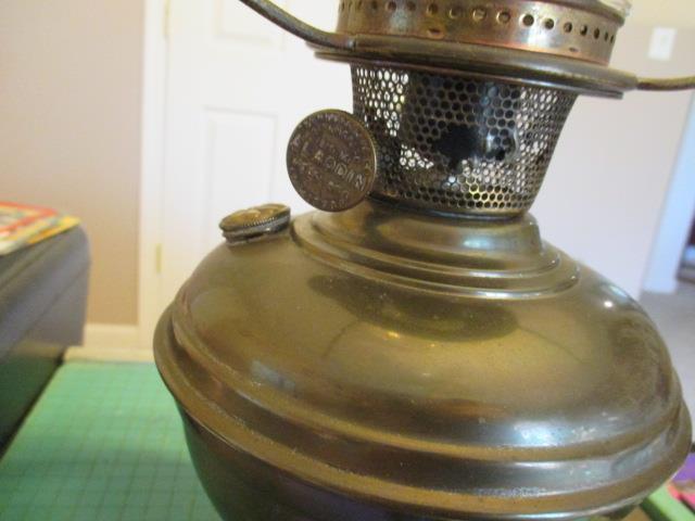 Vintage Brass Aladdin Lamp Electrified with Milk Glass Shade and Chimney