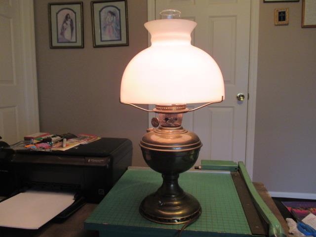 Vintage Brass Aladdin Lamp Electrified with Milk Glass Shade and Chimney