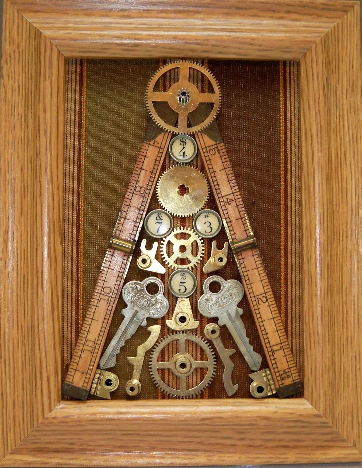 Unique Framed Assemblage Art - Typewriter Keys, Ruler, Door Keys, Clock Parts