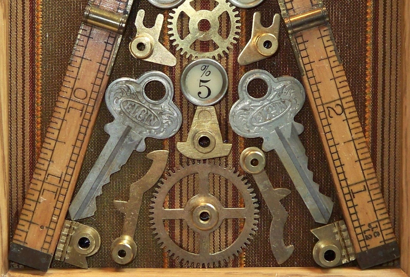 Unique Framed Assemblage Art - Typewriter Keys, Ruler, Door Keys, Clock Parts