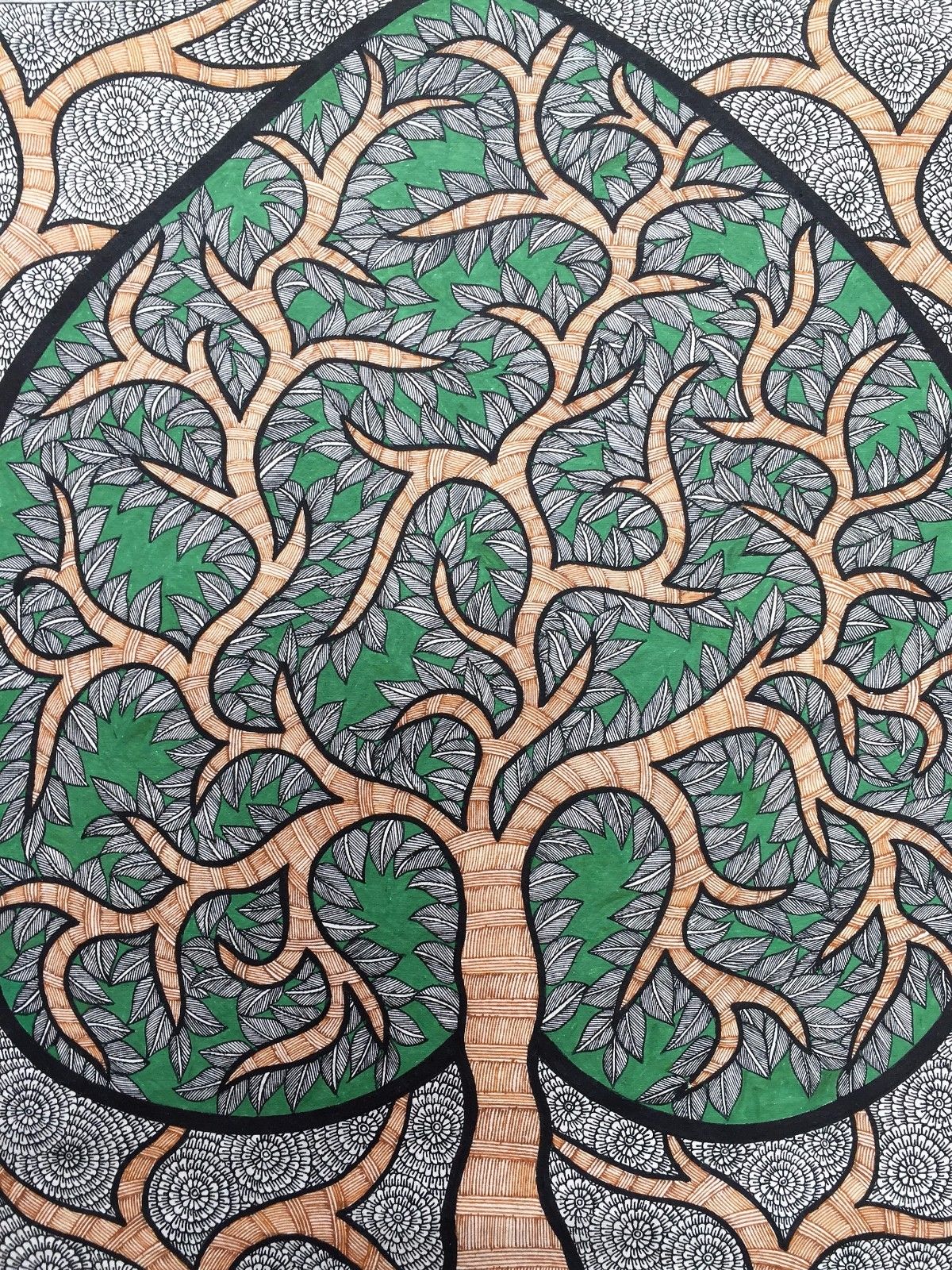 Madhubani Mithila Painting 'Love Tree' Handmade Indian Folk Art 22"