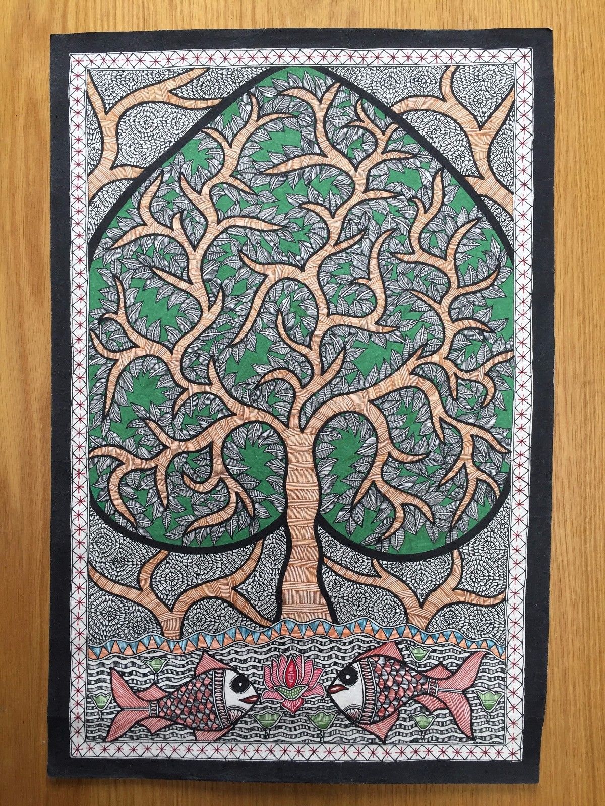 Madhubani Mithila Painting 'Love Tree' Handmade Indian Folk Art 22"