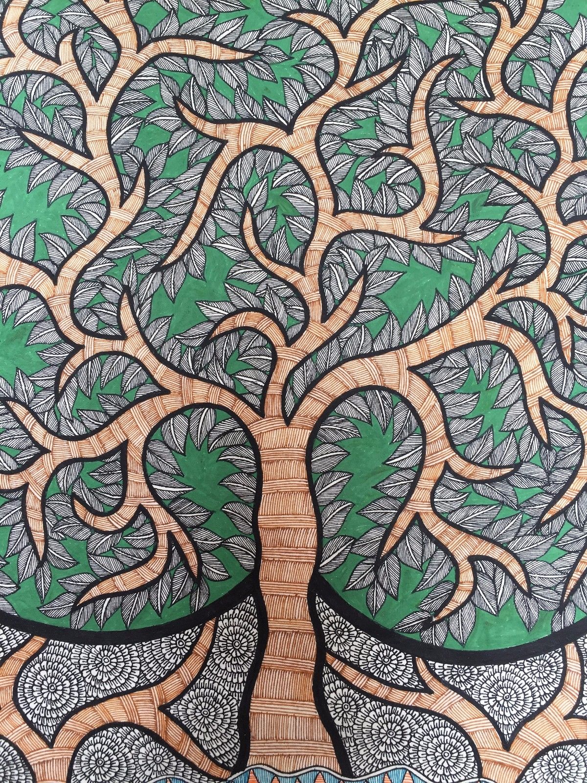 Madhubani Mithila Painting 'Love Tree' Handmade Indian Folk Art 22"