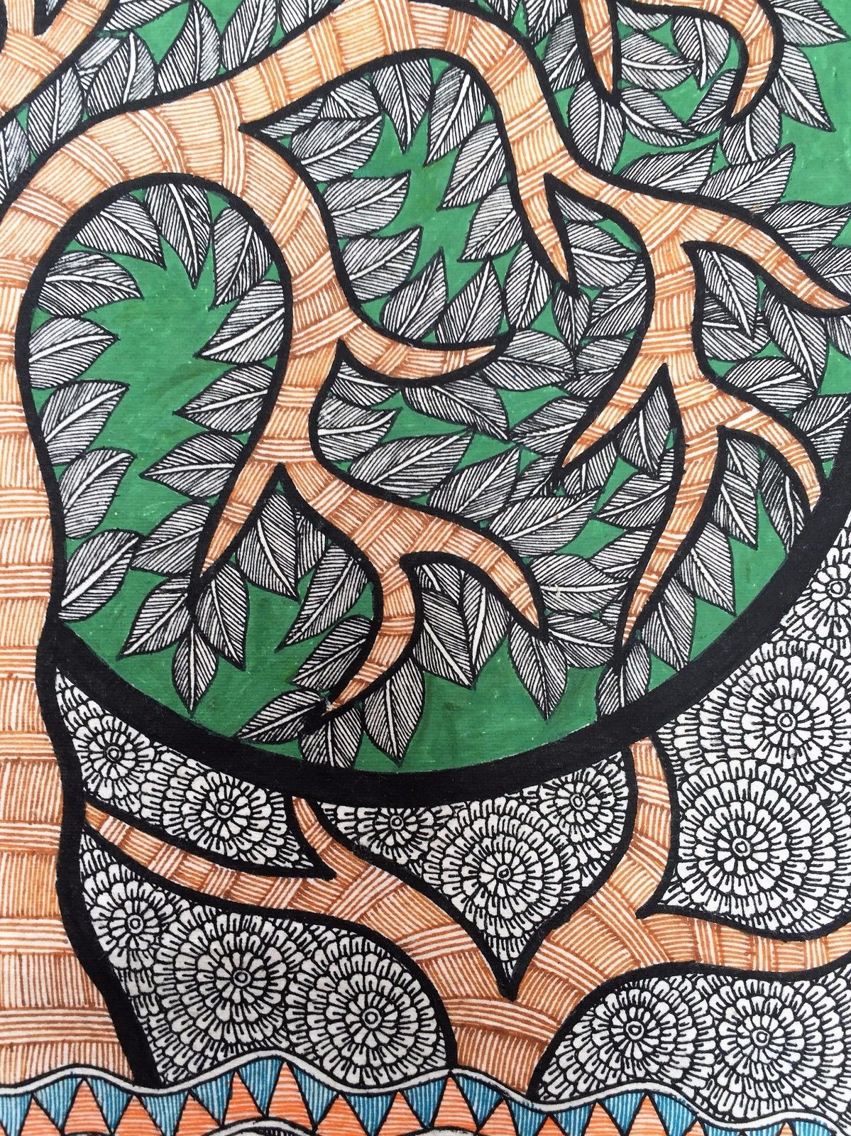 Madhubani Mithila Painting 'Love Tree' Handmade Indian Folk Art 22"