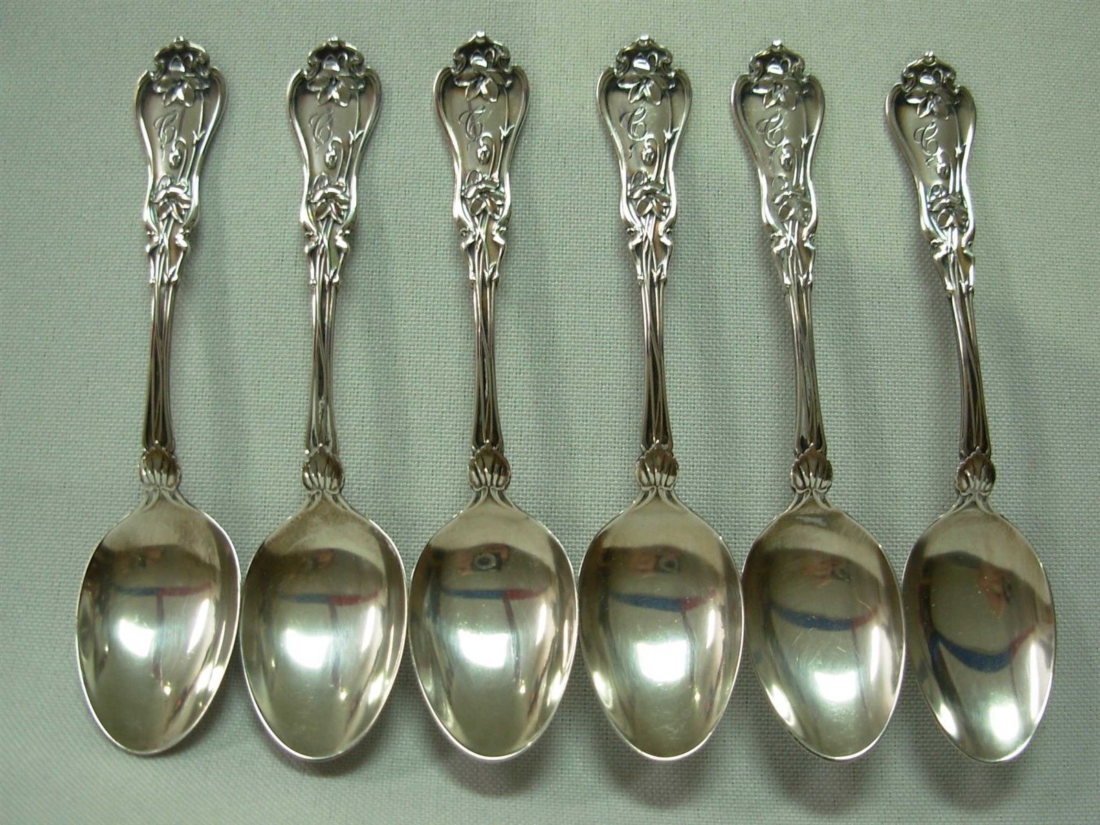 6 RARE ANTIQUE WHITING MFG STERLING SILVER "VIOLET" 4" DEMITASSE COFFEE SPOONS