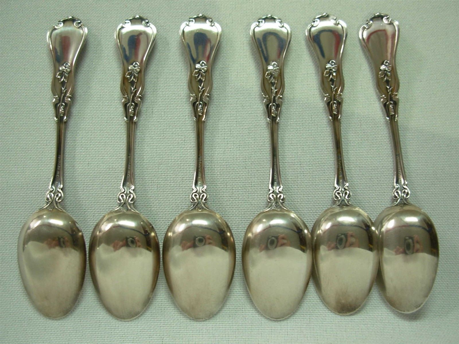 6 RARE ANTIQUE WHITING MFG STERLING SILVER "VIOLET" 4" DEMITASSE COFFEE SPOONS