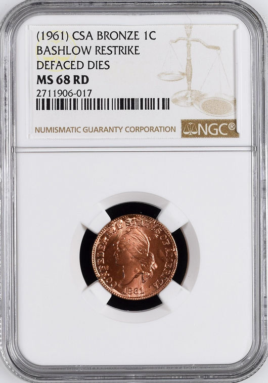 Bashlow Restrike 1861 Confederate Cent in Copper, MS68 NGC, CSA Civil War Token