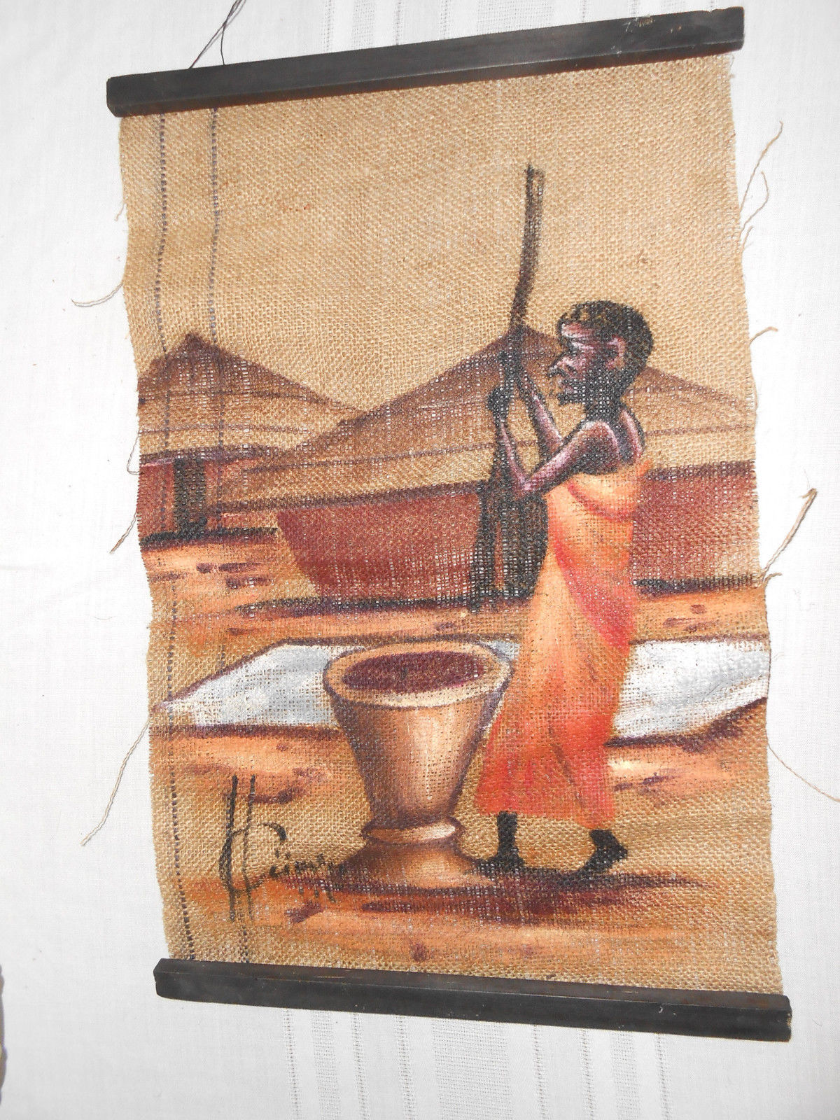 Burlap painting, wall hanging, signed African?