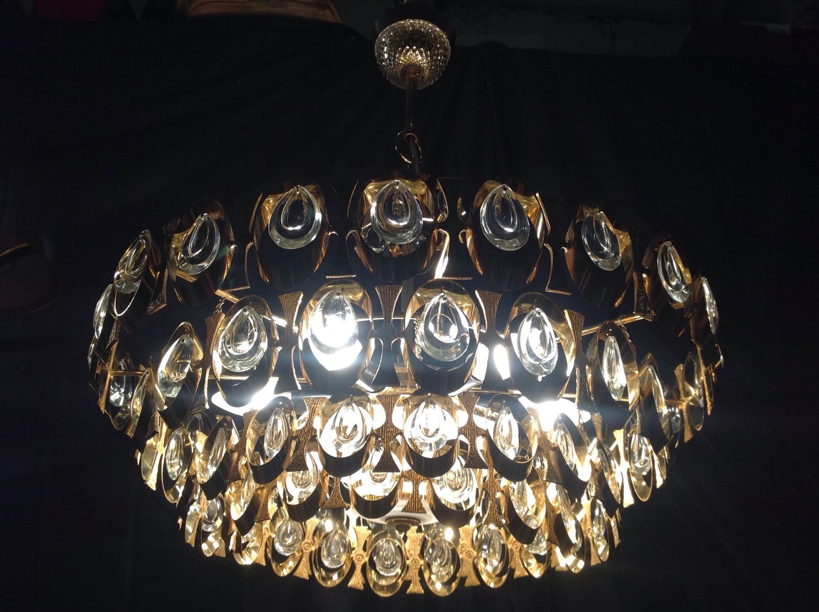 Original Gilt Palwa Crystal GLASS 1960s Chandelier Mid Century Modernist