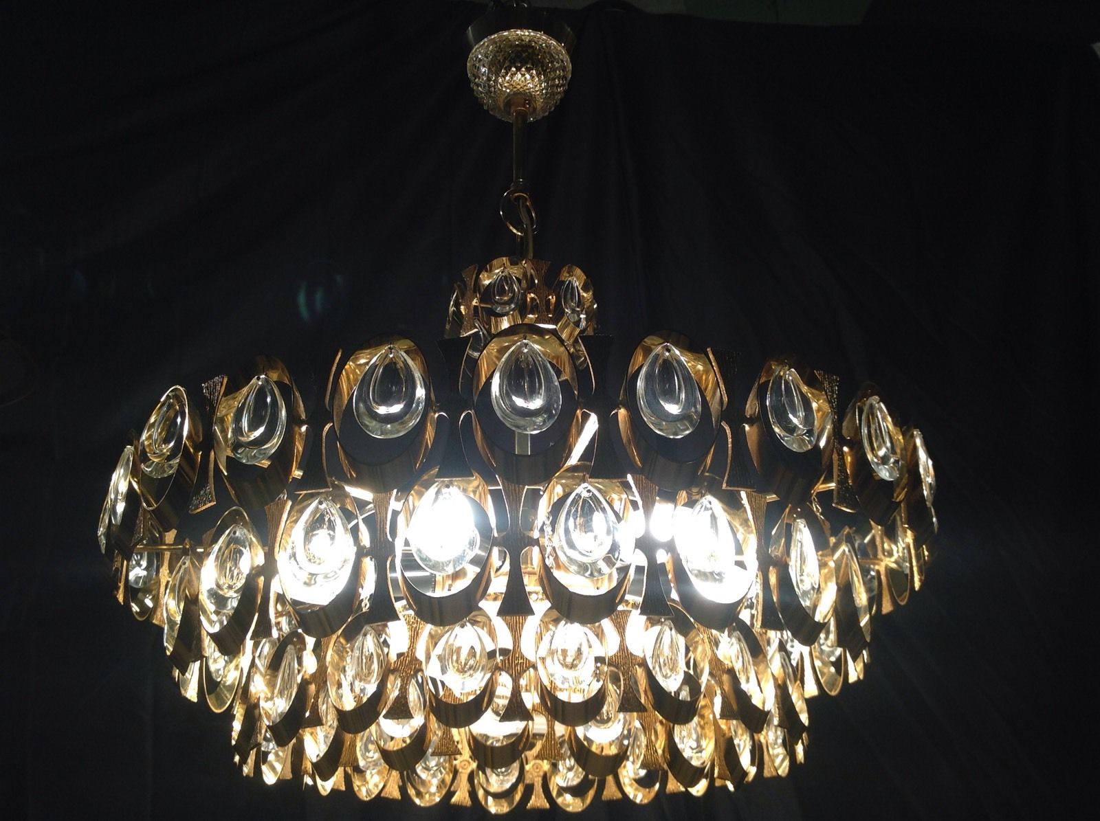 Original Gilt Palwa Crystal GLASS 1960s Chandelier Mid Century Modernist