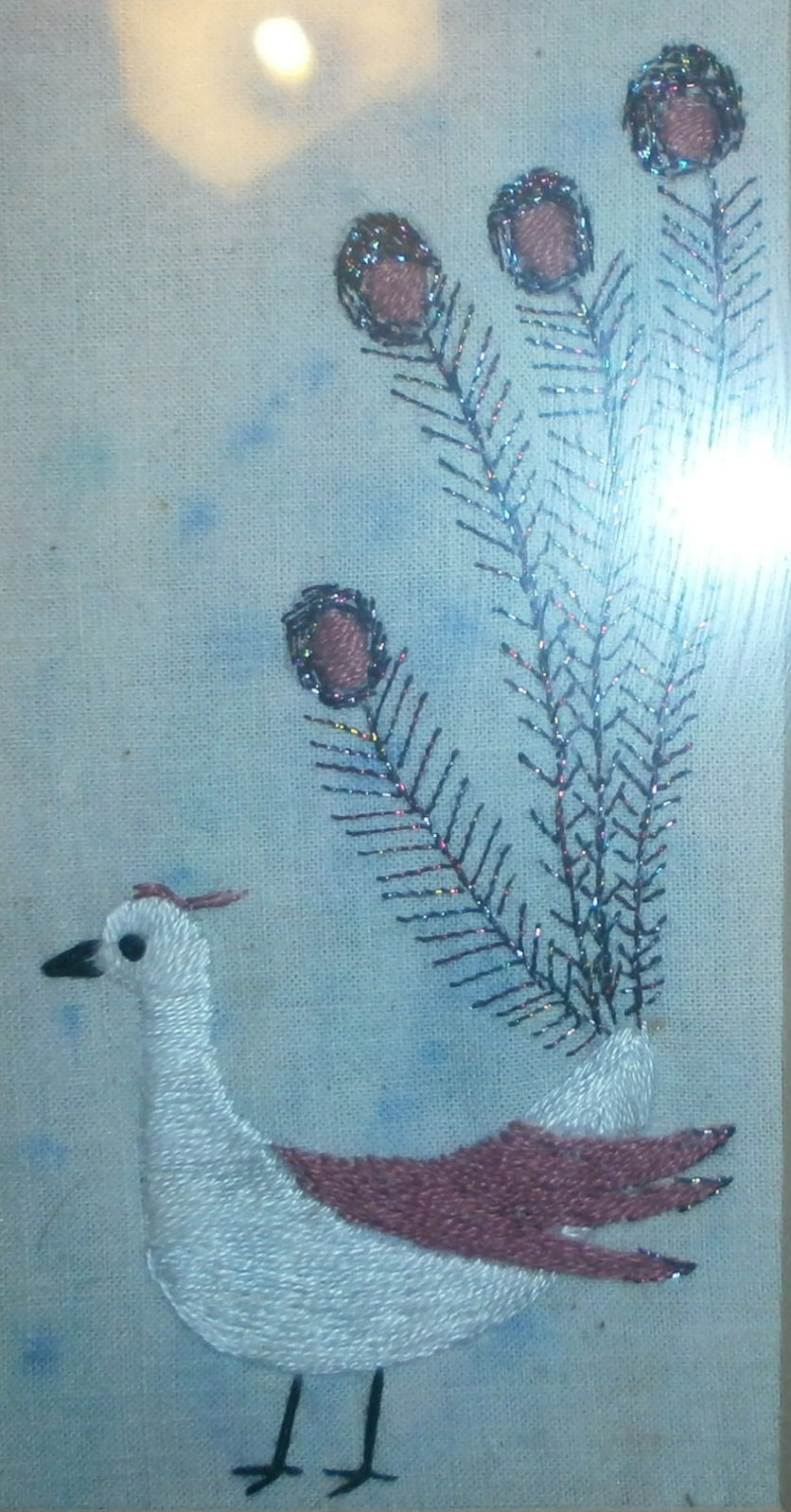 FRAMED Peacock Textile Embroidery Art by Angela Corby Signed c1995 17cm x 22cm