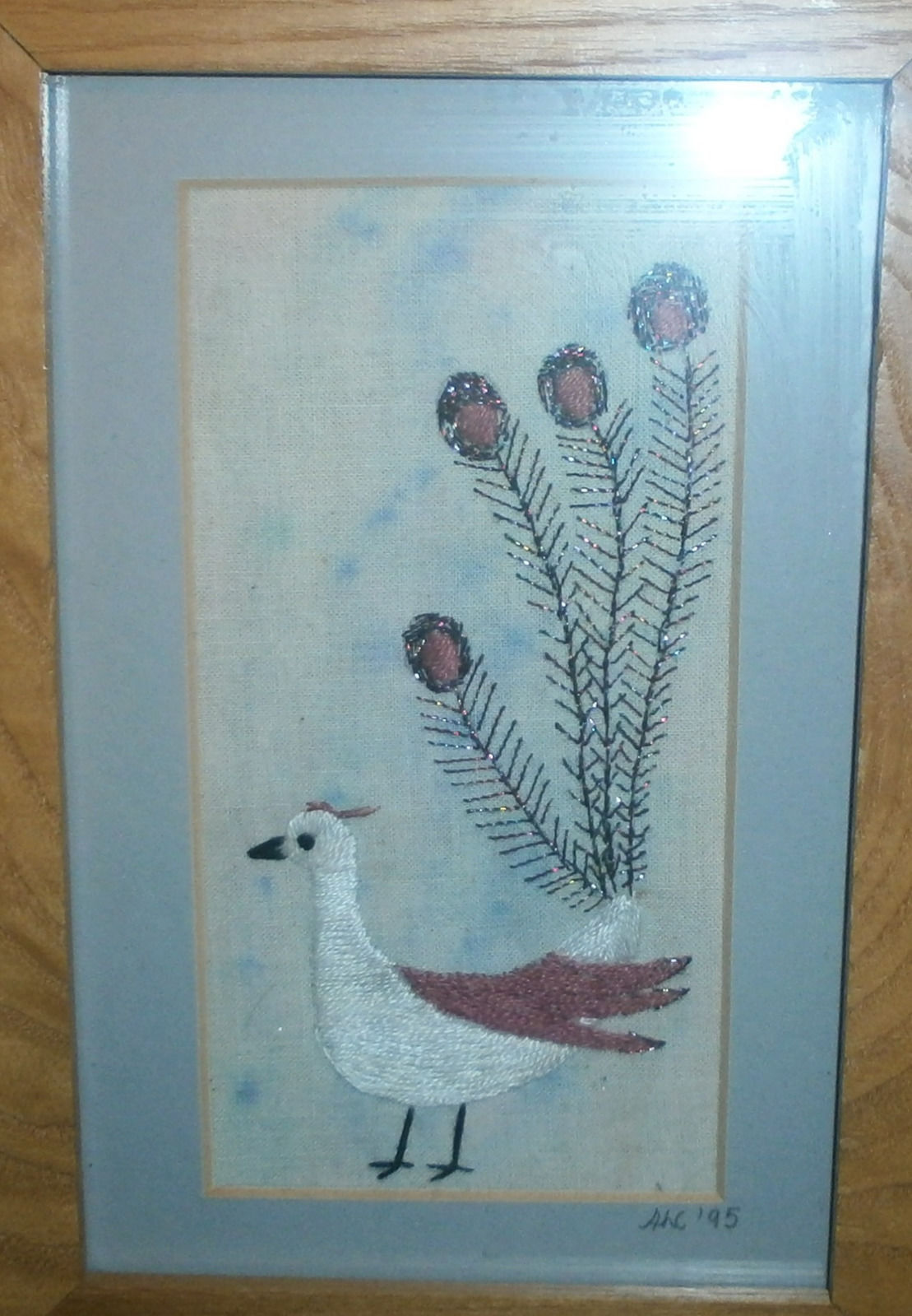 FRAMED Peacock Textile Embroidery Art by Angela Corby Signed c1995 17cm x 22cm