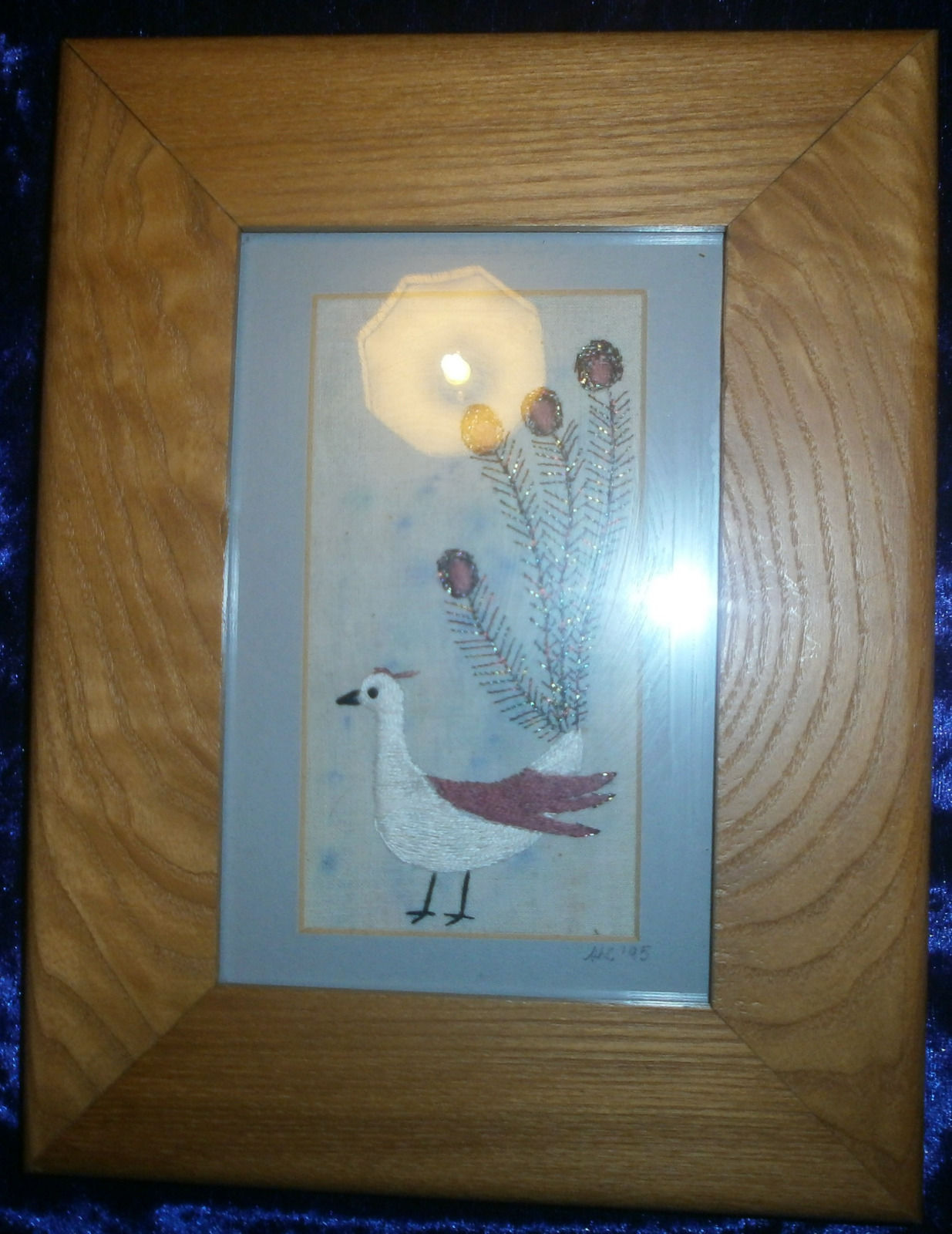 FRAMED Peacock Textile Embroidery Art by Angela Corby Signed c1995 17cm x 22cm