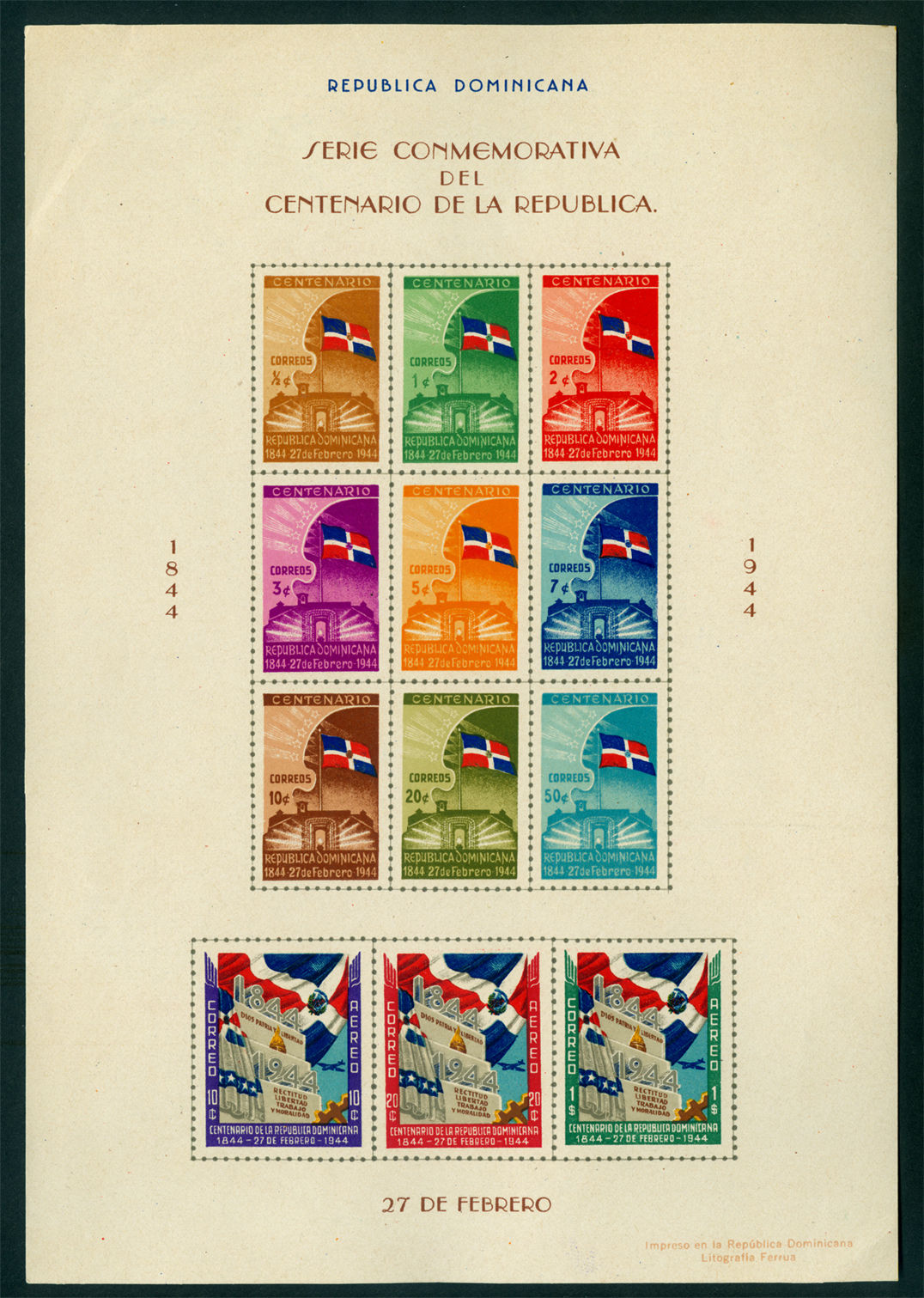 DOMINICAN REPUBLIC 1944  Centenary of Independence  BLOCK S/S  Sc# 407  mint MNH