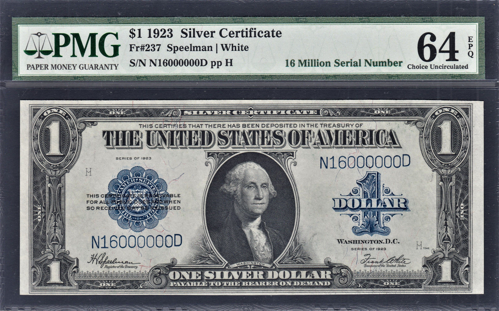 1923 Silver Certificate $1 Fr# 237 Fancy Serial 16000000 Ch UNC PMG 64 EPQ