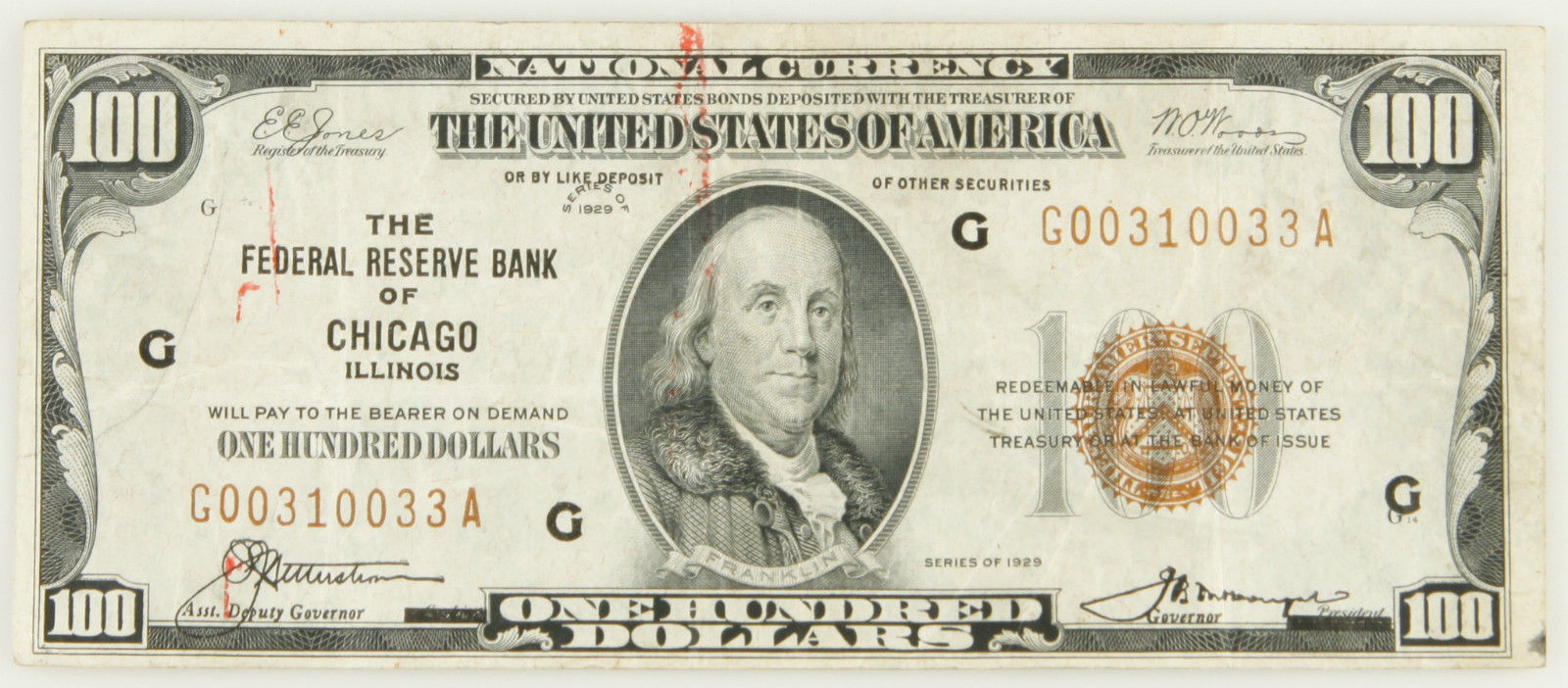 1929 $100 BILL NATIONAL CURRENCY FEDERAL RESERVE BANK OF CHICAGO