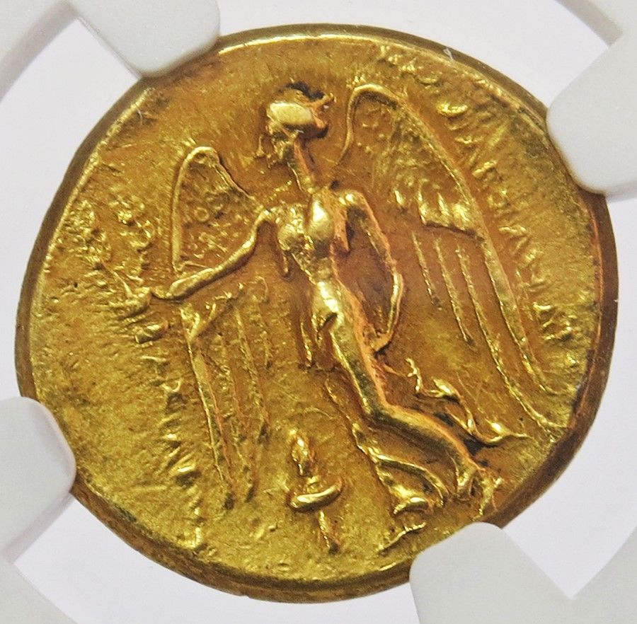 336- 323 BC GOLD MACEDON STATER ALEXANDER III POSTHUMOUS ISSUE NGC CHOICE XF