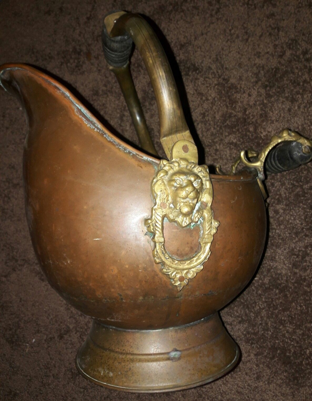 Vintage Copper & Brass Lion Head Coal Fireplace Ash Scuttle Bucket Handles