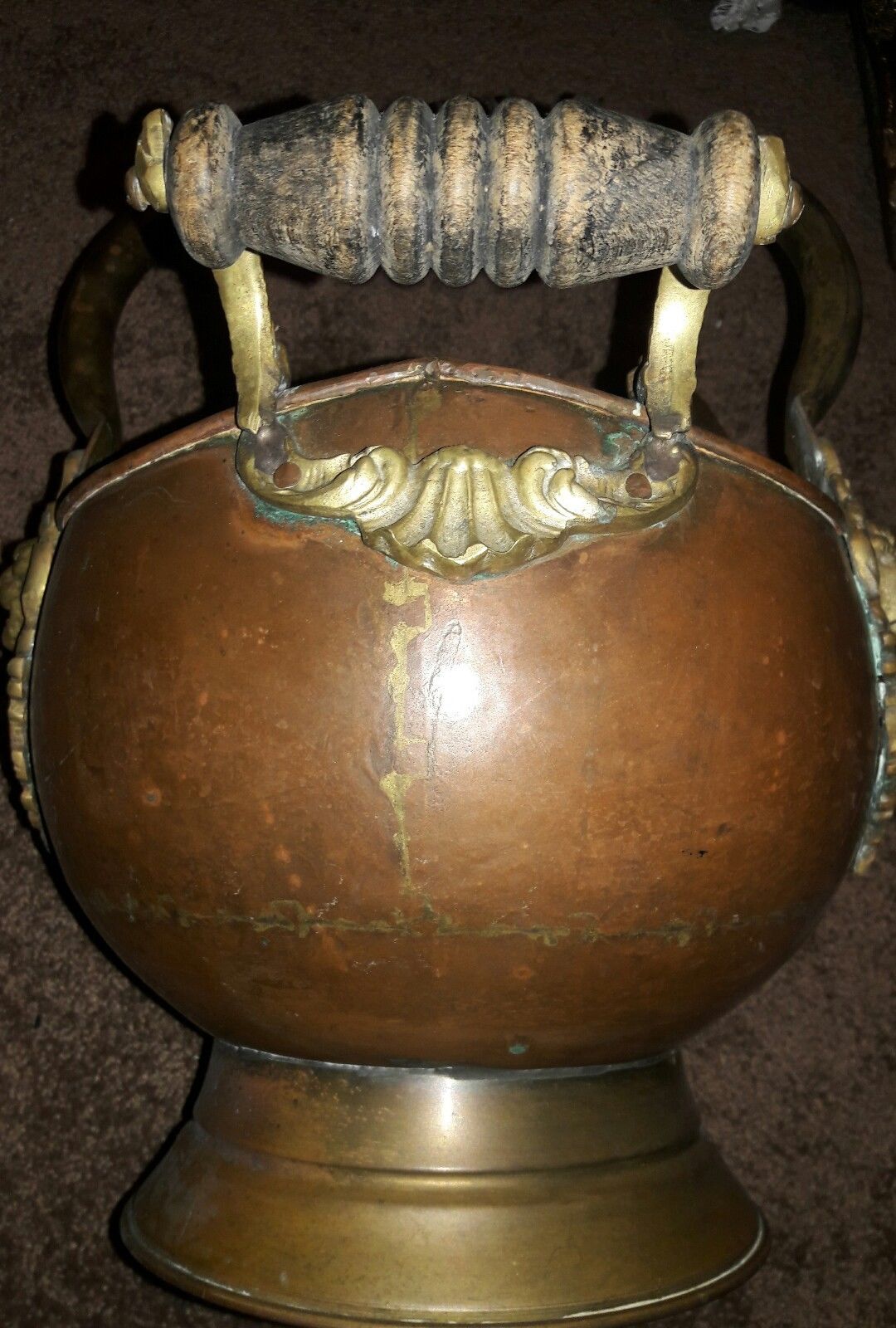 Vintage Copper & Brass Lion Head Coal Fireplace Ash Scuttle Bucket Handles