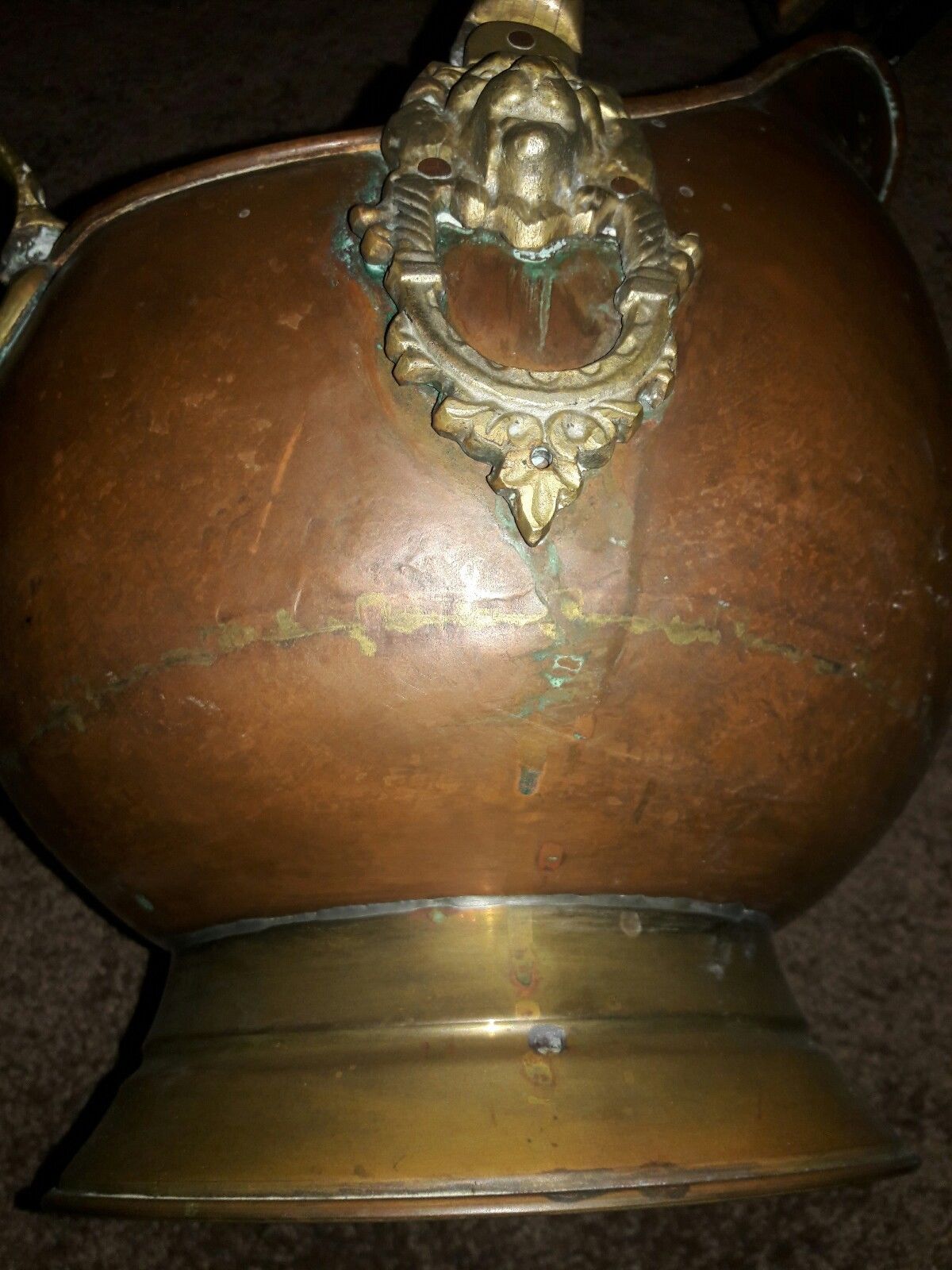 Vintage Copper & Brass Lion Head Coal Fireplace Ash Scuttle Bucket Handles