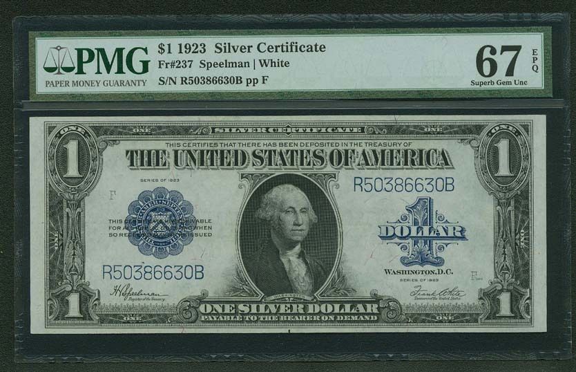 1923 $1 SILVER CERTIFICATE BANKNOTE FR-237 CERTIFIED PMG GEM UNCIRCULATED-67-EPQ