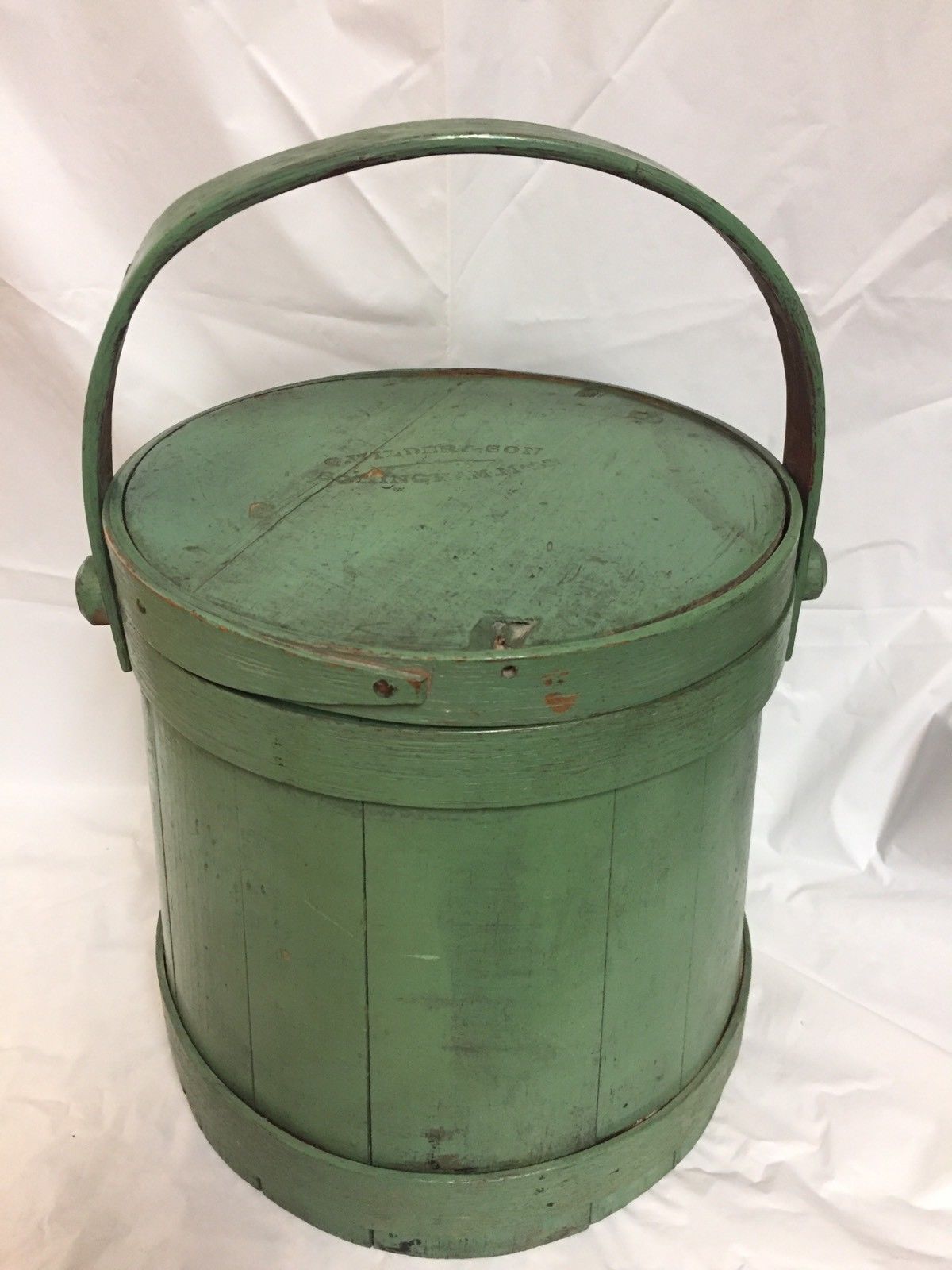 Antique New England Primitive Country Firkin Bucket Green Paint Signed Lid