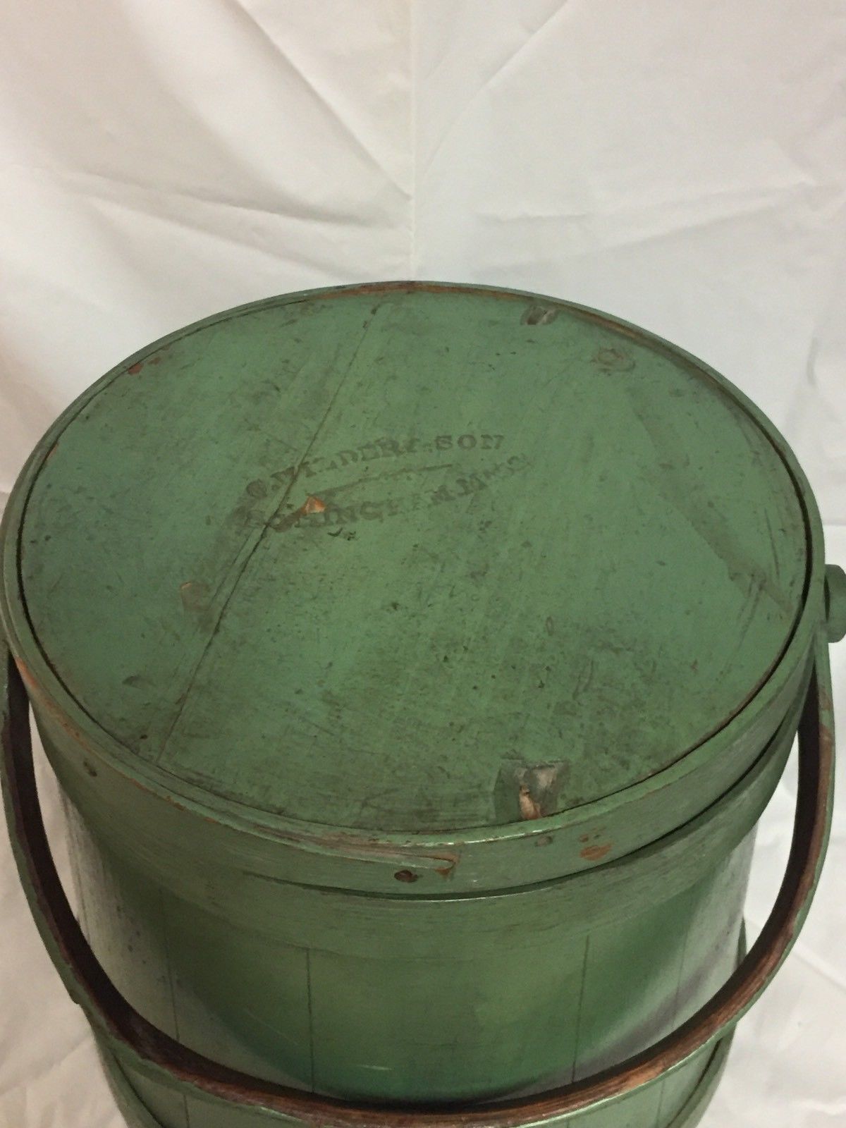 Antique New England Primitive Country Firkin Bucket Green Paint Signed Lid