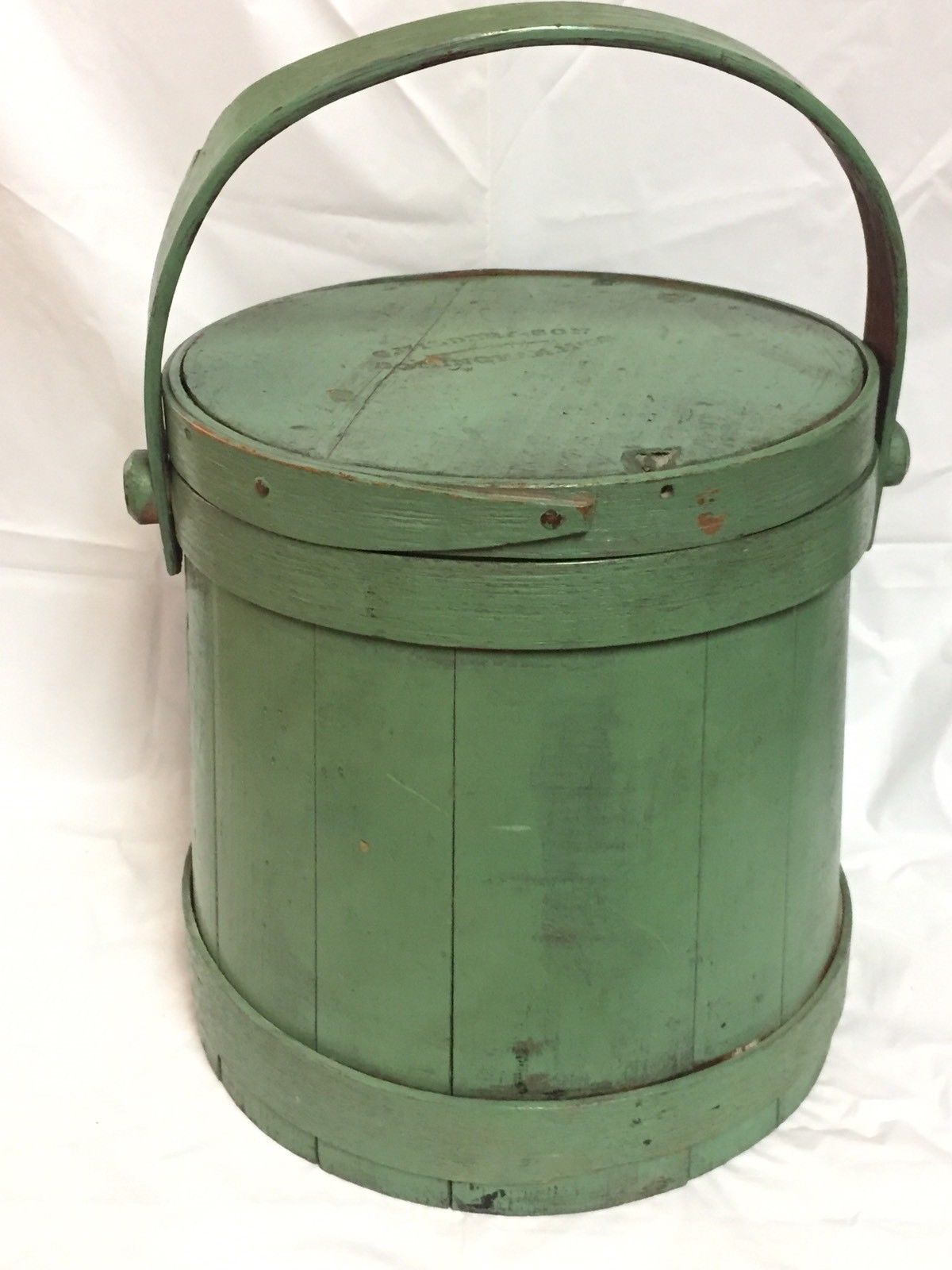 Antique New England Primitive Country Firkin Bucket Green Paint Signed Lid