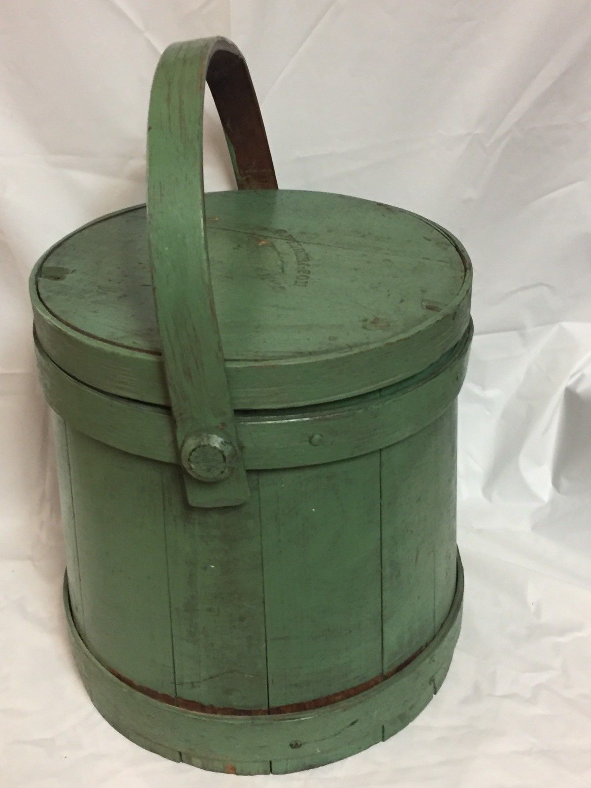 Antique New England Primitive Country Firkin Bucket Green Paint Signed Lid