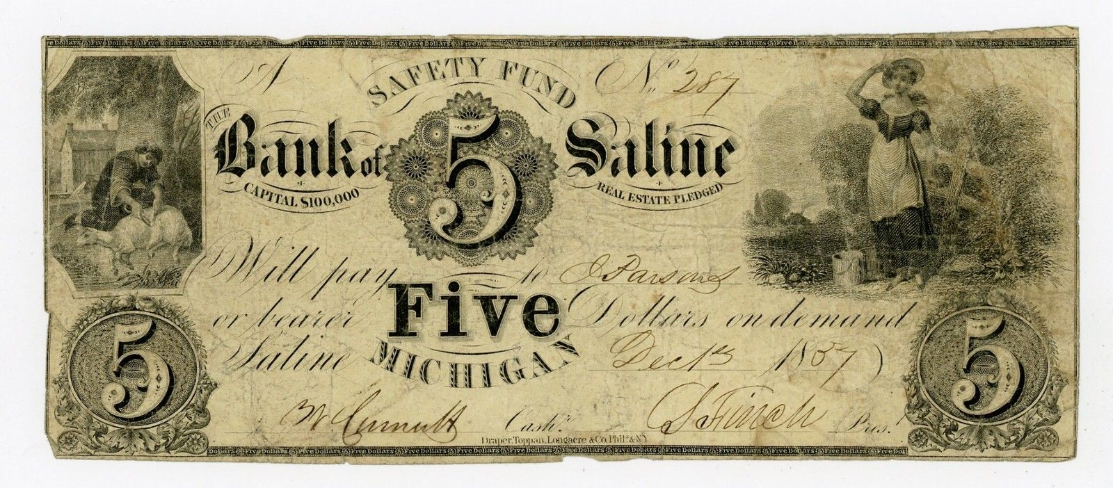 1857 $5 The Bank of Saline, MICHIGAN Note