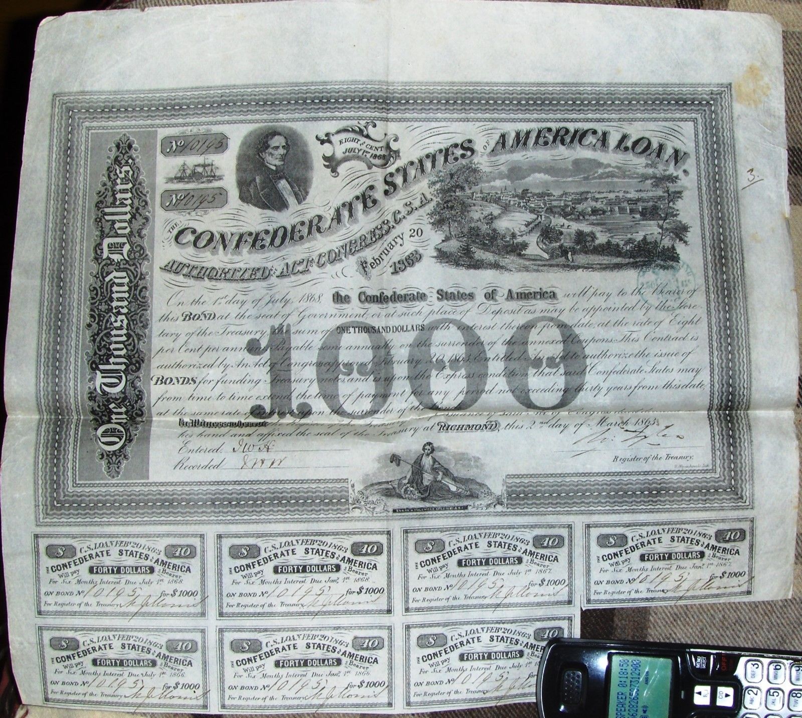 Confederate States of America $1000 bond dated 1863