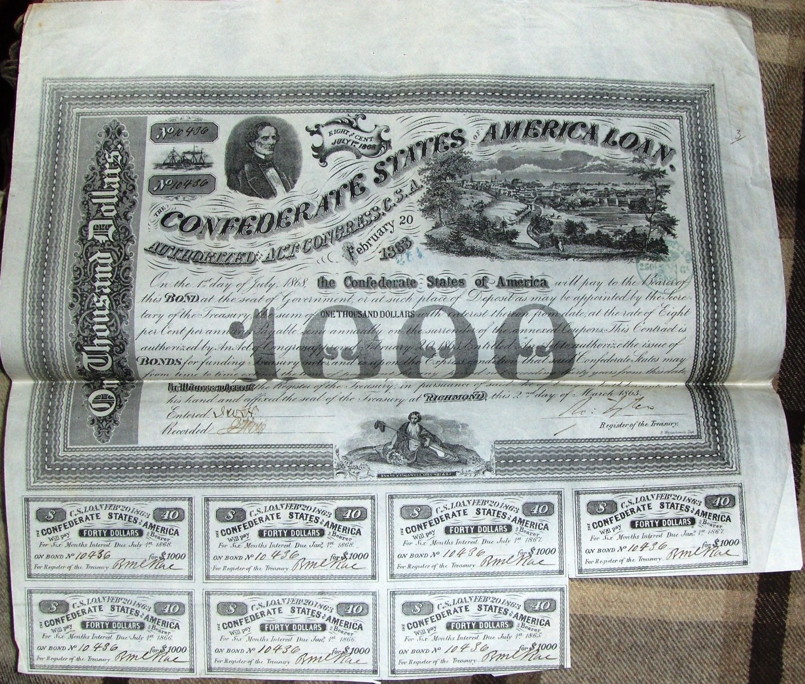 Confederate States of America $1000 bond dated 1863