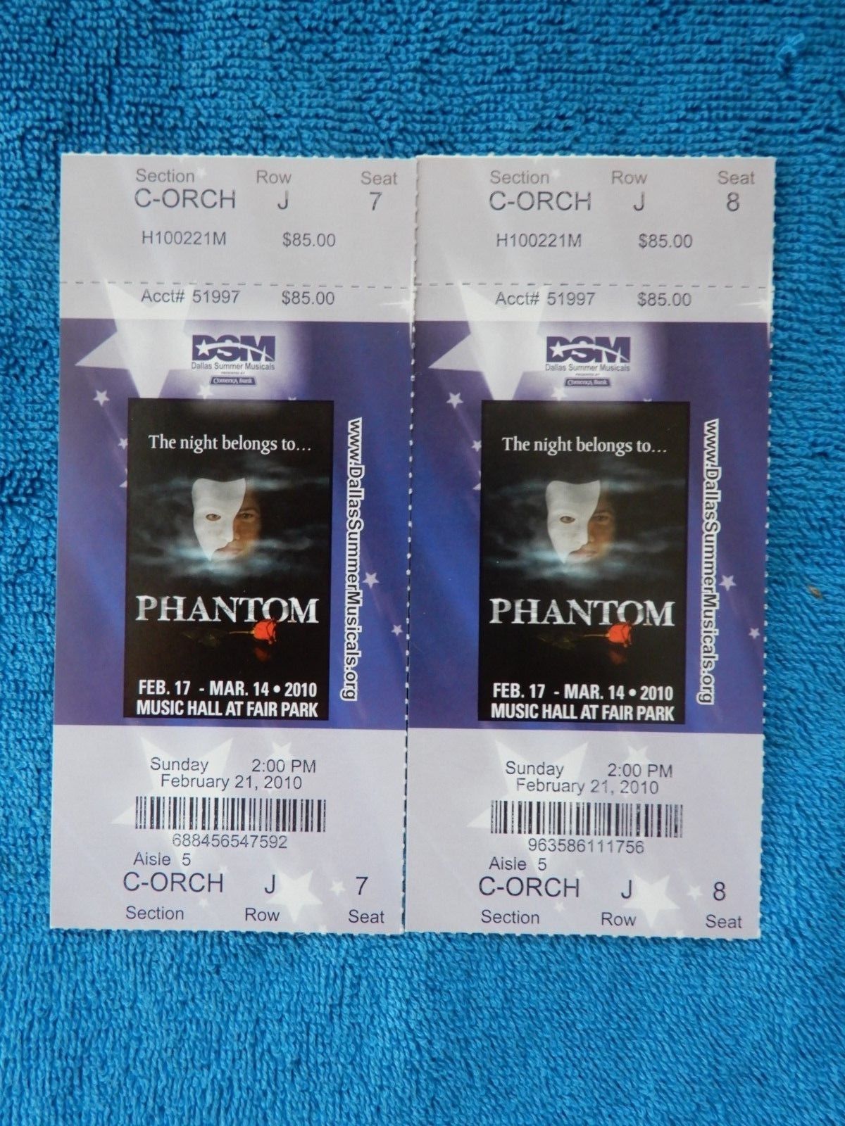 The Phantom Of The Opera - Music Hall Playbill w/Ticket - February 21st, 2010