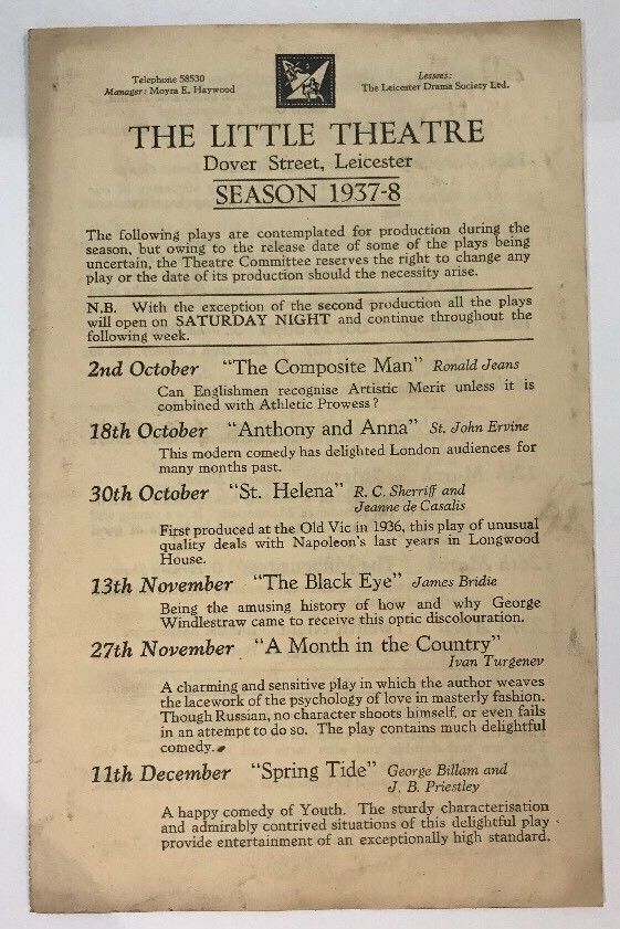 LEICESTER - THE LITTLE THEATRE - Theatre Handbill Flyer - 1937-1938