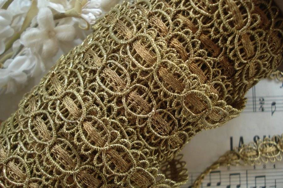 18" ANTIQUE FRENCH GOLD METALLIC PASSEMENTERIE BRAID GIMP VINTAGE LACE TRIM HAT