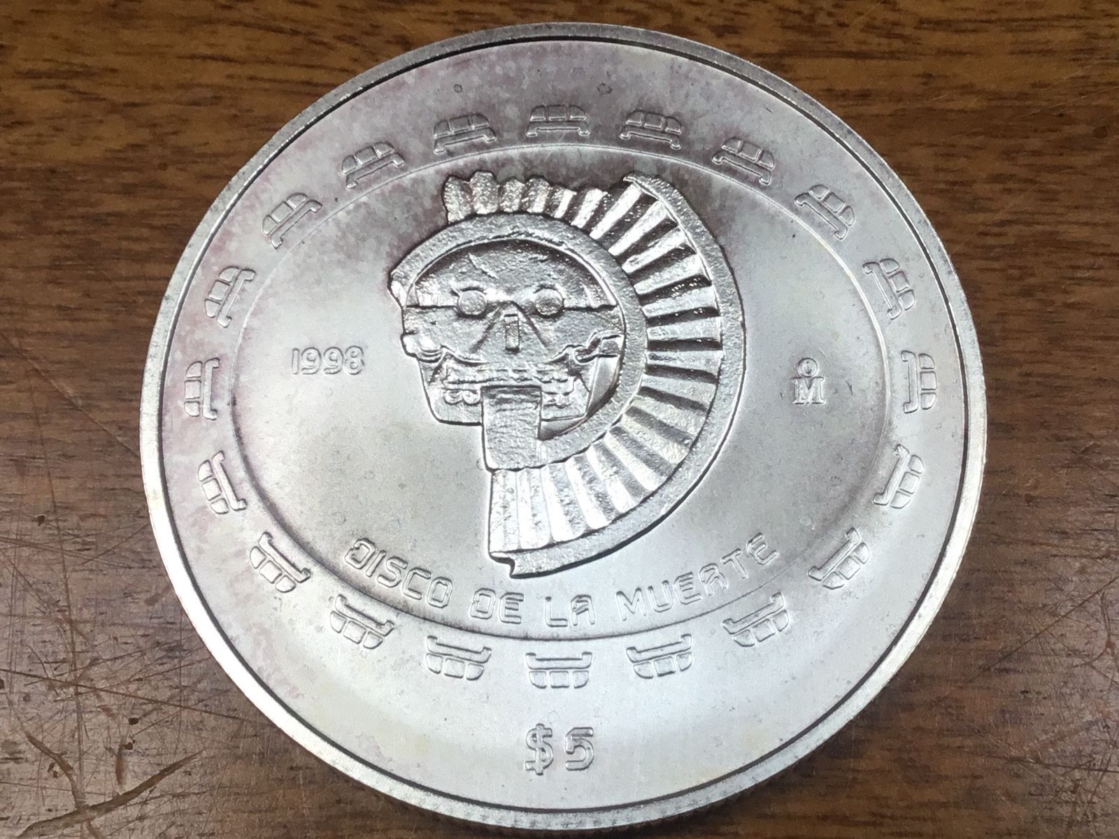 MEXICO 1 Oz 1998 5 PESOS SILVER COIN DISCO DE LA MUERTE