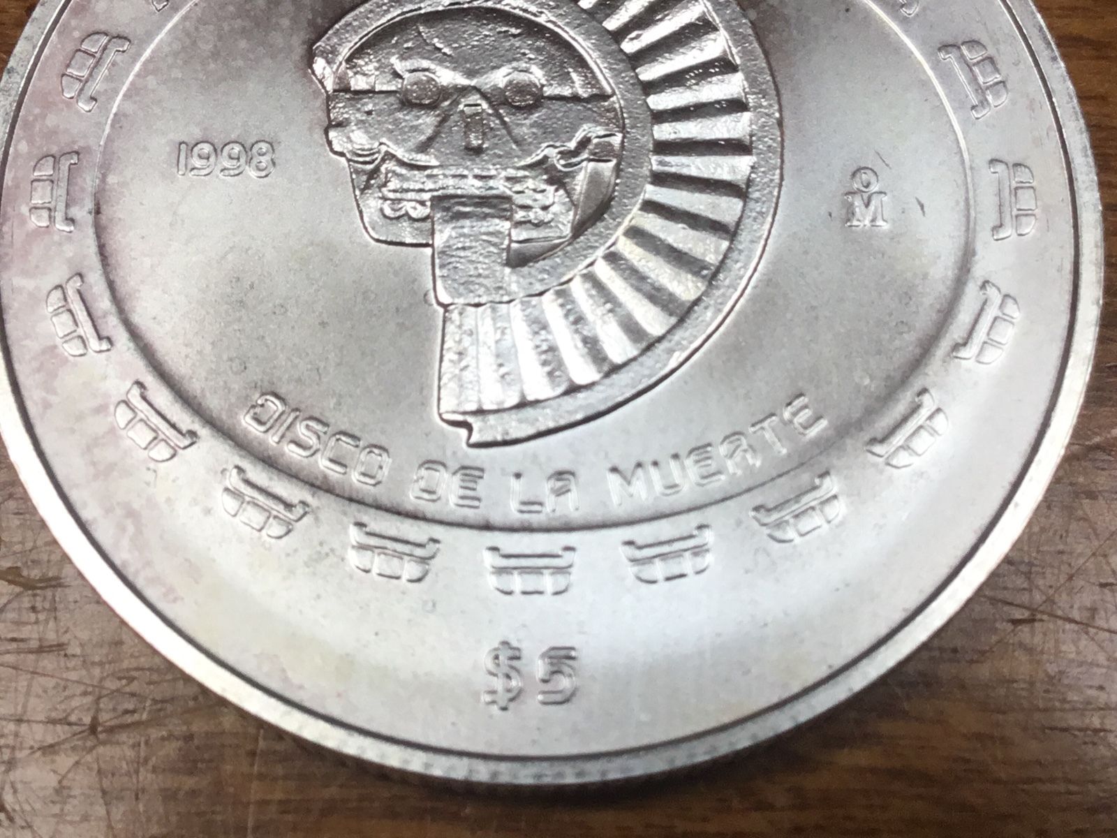 MEXICO 1 Oz 1998 5 PESOS SILVER COIN DISCO DE LA MUERTE