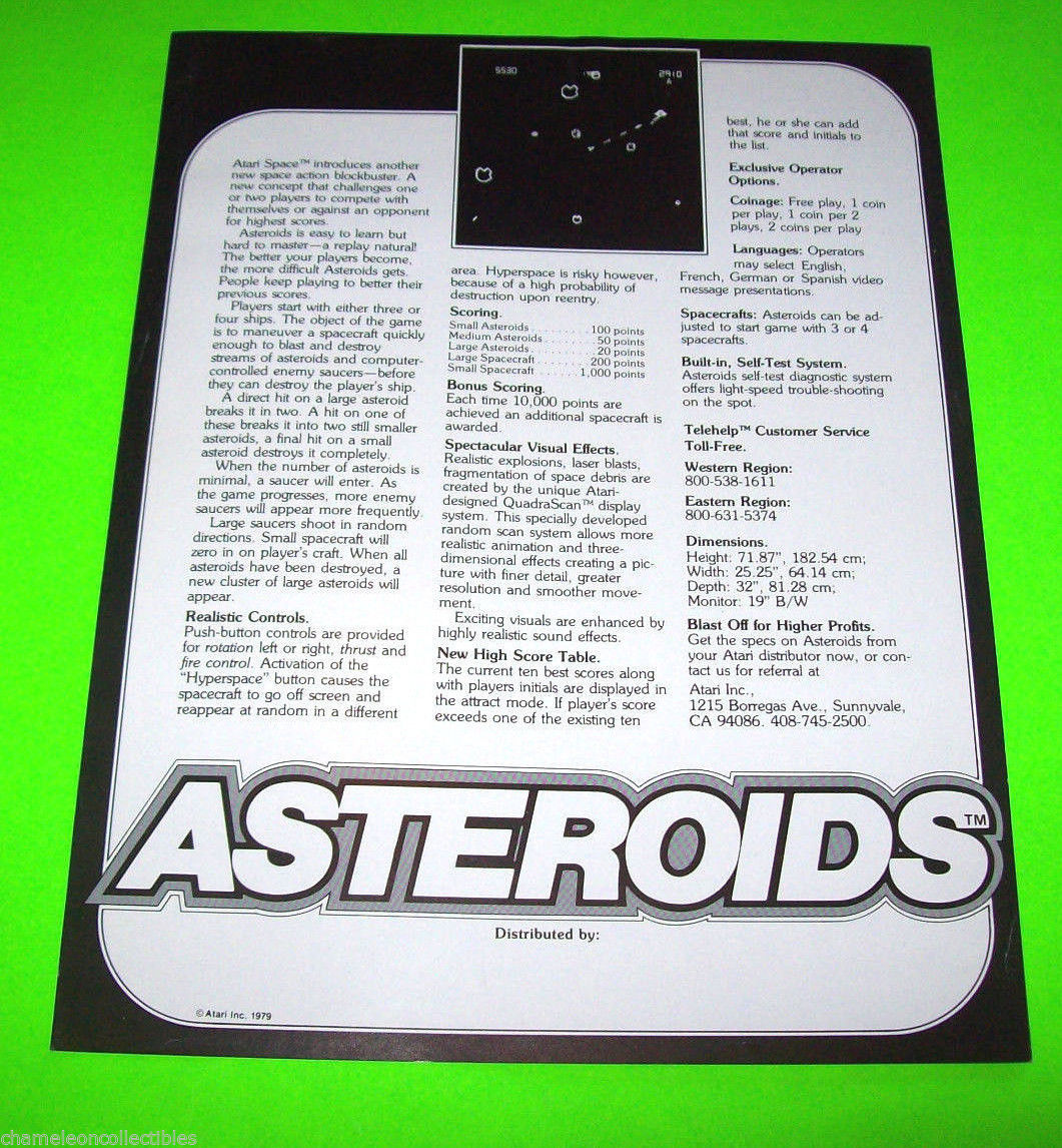 Atari ASTEROIDS Upright 1980 Original NOS Video Arcade Game Promo Sales Flyer