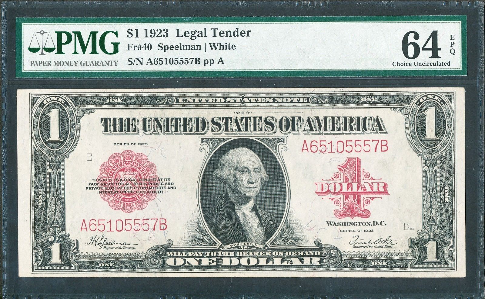 FR40 $1 1923 RED SEAL LEGAL TENDER CHOICE GEM PMG 64 EPQ WL2427 KEY