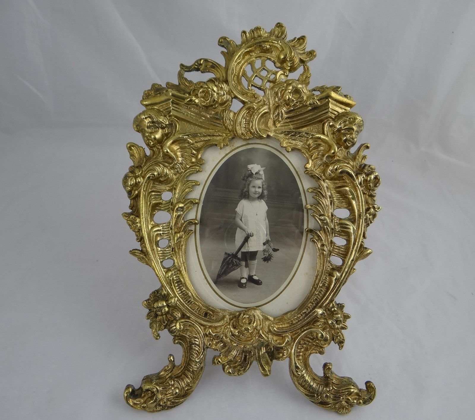 Antique Victorian French Rococo Brass Bronze Picture Frame Cherubs Gargoyles